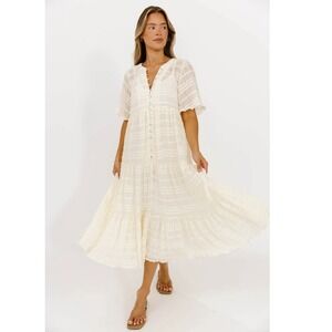 Worth Collective Kristin Maxi Dress Cream Textured Tiered Button Front XS